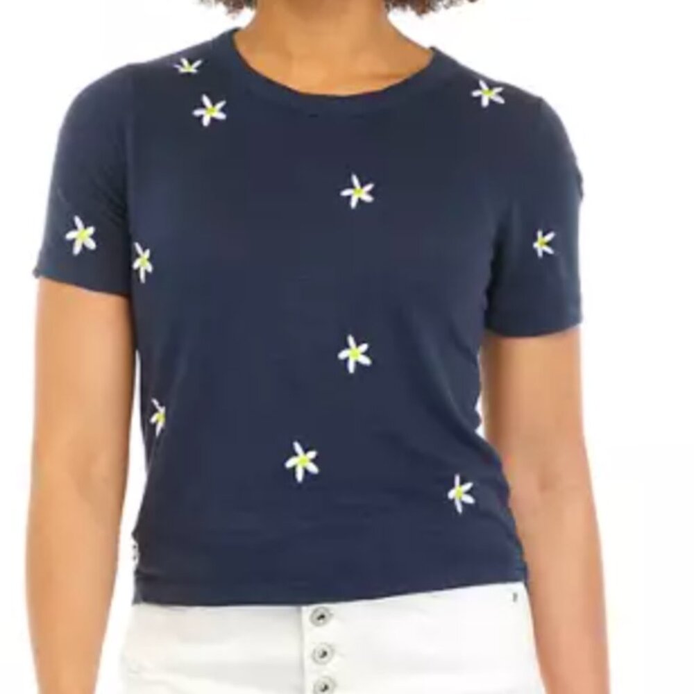Chaser Short Sleeve Cropped Easy Stars Linen Blend T-Shirt in Navy Size Small